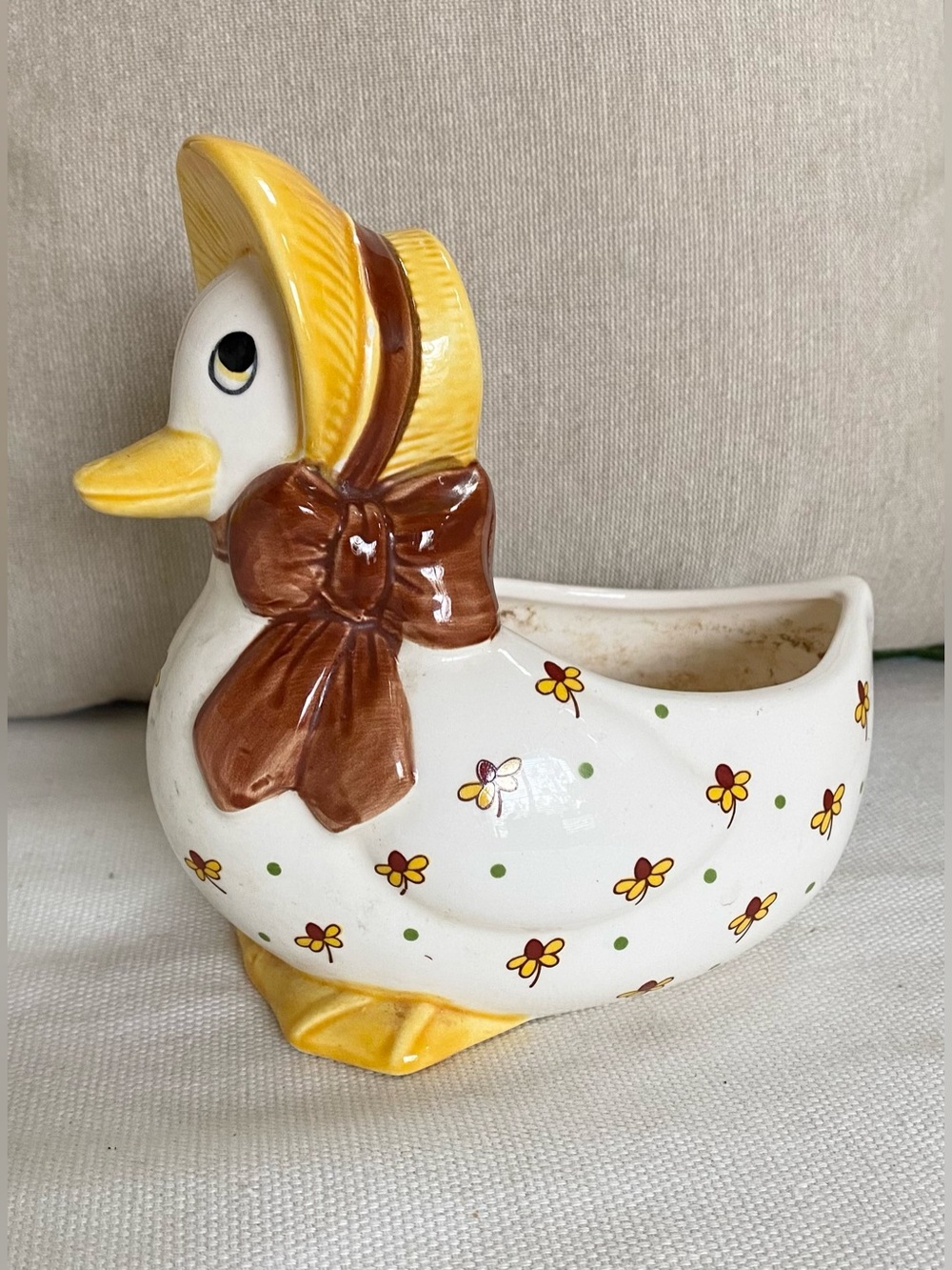 Vtg 70s Josef Originals Country Duck Ceramic Planter Mother Goose Bonnet & Bow